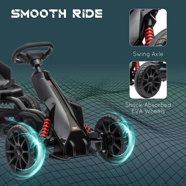 Black kids pedal go kart with red spring suspension and shock-absorbing EVA-style wheels