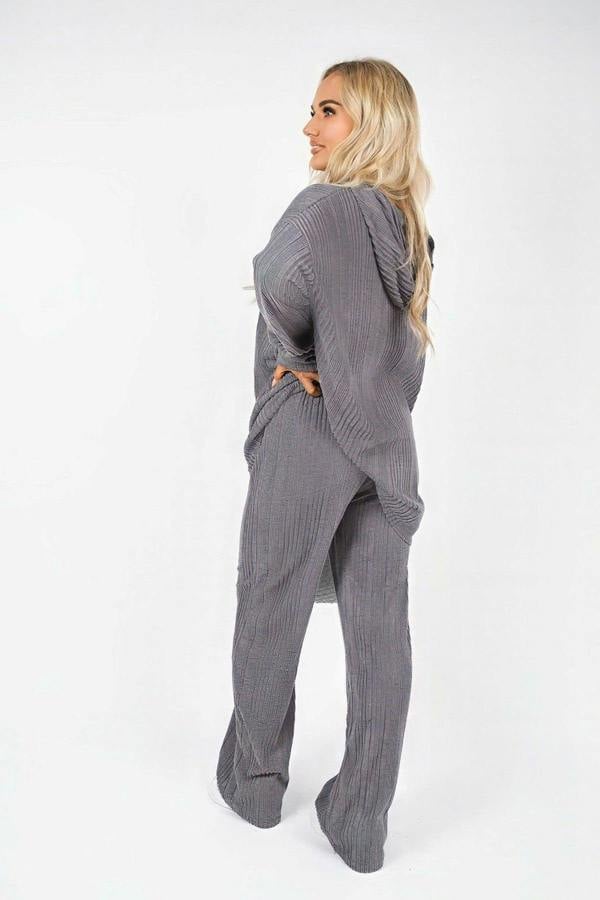 Zayana Hooded Ribbed Oversized Top And Wide Leg Lounge Co-ord Set - Charcoal