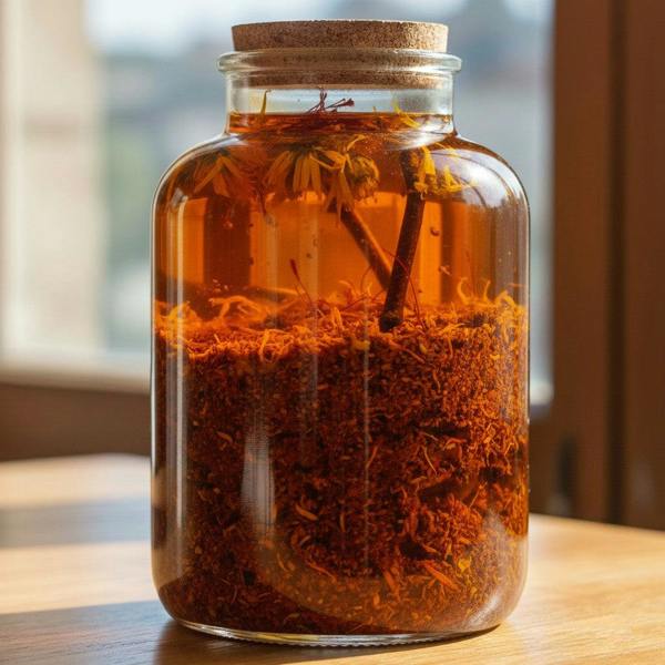 Earthy Tones 9 saffron and rose glow face oil infusion in a glass jar