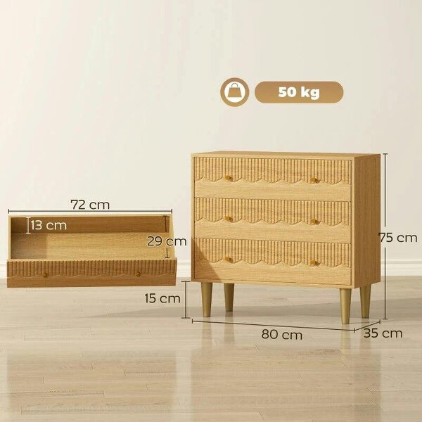 Dresser for Bedroom 3 Drawer Chest of Drawers with Steel Frame for Living Room in Oak