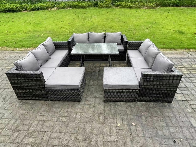 Fimous 11 Seater Wicker PE Rattan Outdoor Furniture Lounge Sofa Garden Dining Set with Dining Table 2 Big Footstools Dark Grey Mixed