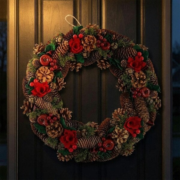 Garden Greatness Christmas Wreath with Natural Pinecones, Flowers and Apples
