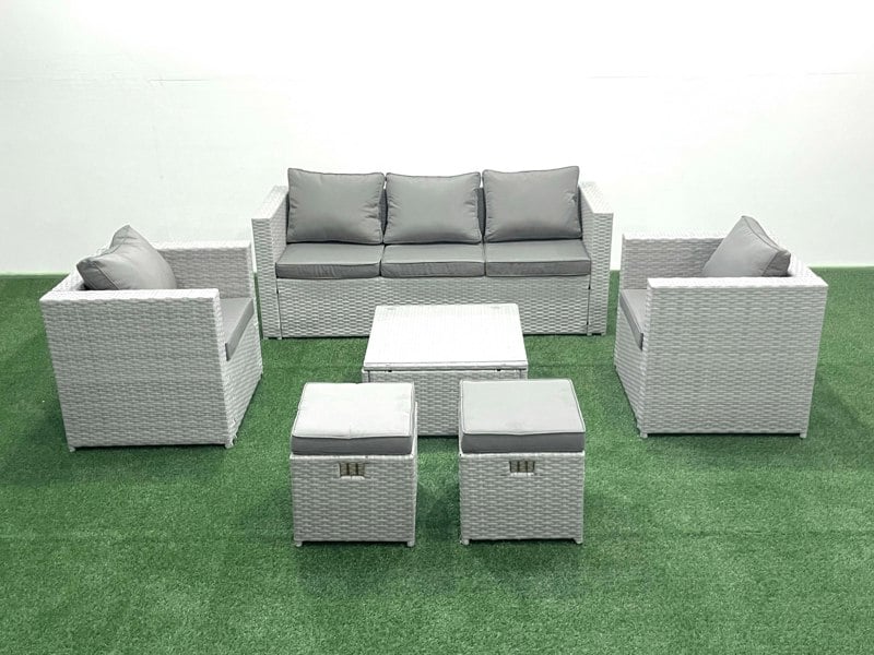 Fimous 7 Seater Rattan Garden Furniture Set with 3 Seater Sofa 2 Chair Square Coffee Table 2 Small Footstools Light Grey Mixed