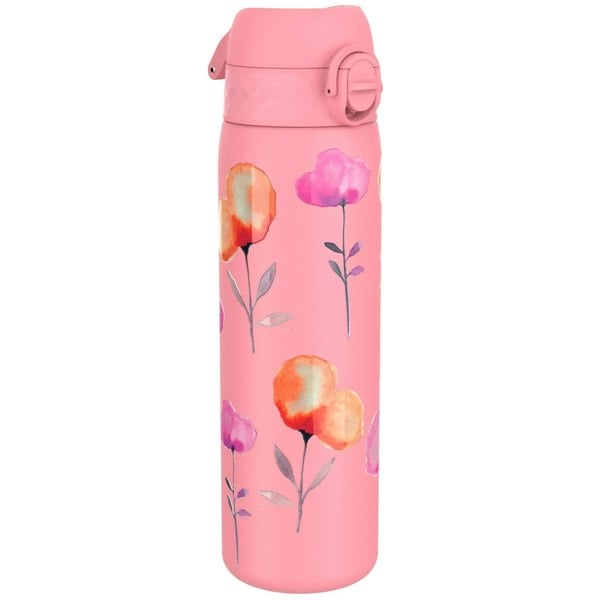 A pink thermos bottle decorated with watercolor-style flowers sits against a plain white background.