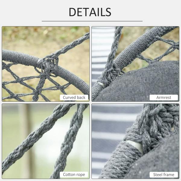 Dark grey macrame rope hammock details with knotted net and curved support frame