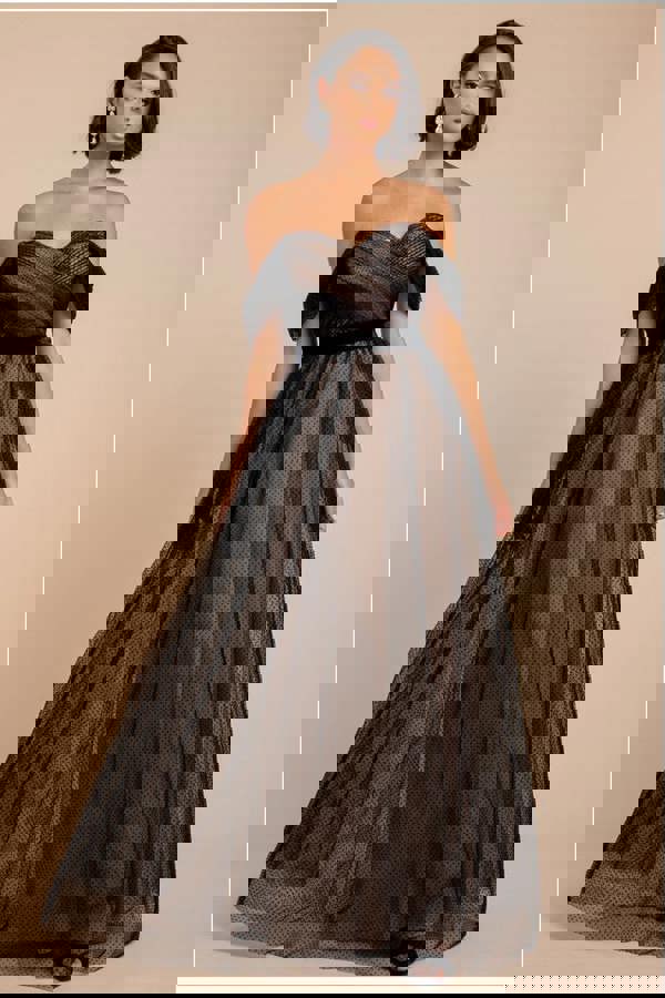 Dobby Mesh Off The Shoulder Princess Maxi Dress - Black DR4308