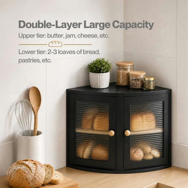 Toque Bread Bin  Corner Bread Bin for Kitchen  Double-Layer Bamboo Box  Black