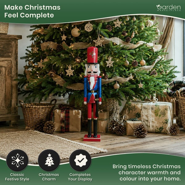 Large Christmas Nutcracker Figure, 70cm Tall Traditional Design in Blue Coat and Red Hat, Indoor Festive Decoration Focal Point