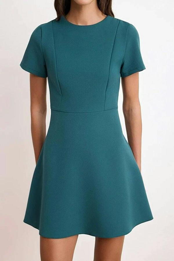 WOVCOR Waist-Fronted Short Sleeved Mini Stretch Woven Dress