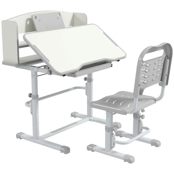Grey height adjustable kids study table with drawer and matching chair
