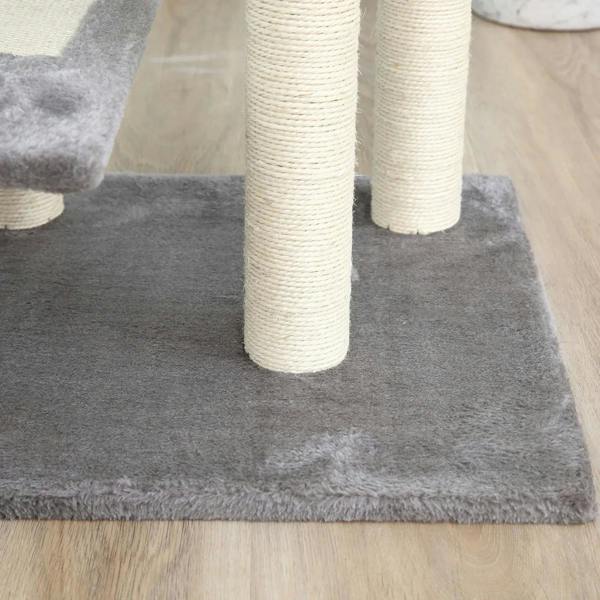 Grey cat tree base with sisal-wrapped posts and textured fabric mat
