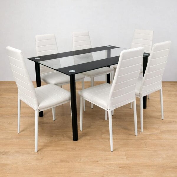 Kosy Koala Dining Table and 6 Chairs Black Clear Glass 6 Faux Leather White Chairs Dining Room Furniture