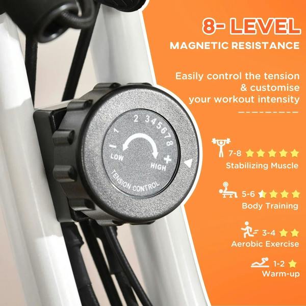 8-level magnetic resistance dial control on white exercise bike frame with tension markings