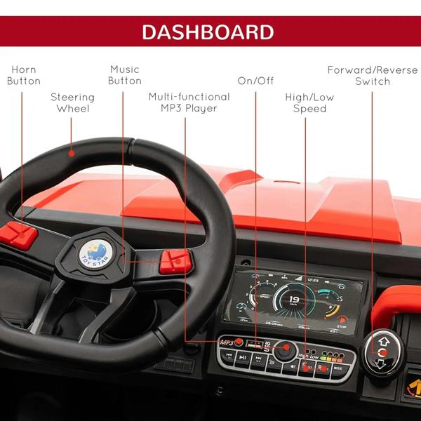 Red two-seat ride-on car dashboard with steering wheel, speed switch and forward/reverse