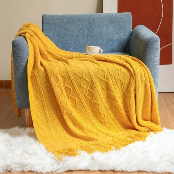 Anyhouz Anycozy Yellow Throw Blanket Faux Cashmere Sofa Cover Vertical Bar Diamond Knit Plaid Tassels Blanket for Spring Summer 130*180cm