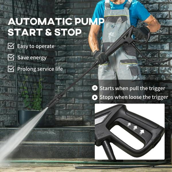 Hand holding pressure washer spray gun with trigger, connected to blue unit