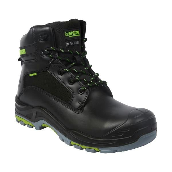 Apache APACHE Dakota Mens Lace Up Safety Work Non-Metallic S3 Ankle Boots, black industrial safety boots designed for durability and protection with green accents.