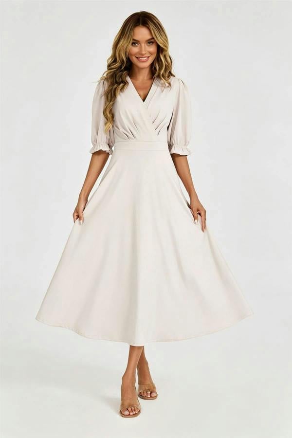 FS Collection Half Sleeves Jersey Midi Dress with Wrap Neckline In Light Oat