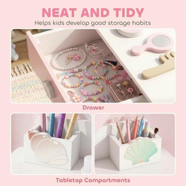 Kids Vanity Set, Kids Dressing Table with Chair, Acrylic Mirror, Lighted Bulbs, 7-Piece Accessories, for 3-8 Years, Pink