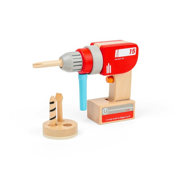 Bigjigs Toys Wooden Drill - Toy Drill With Magnetic Drill Bits