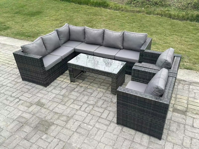 Fimous 8 Seater Rattan Corner Sofa Lounge Sofa Set With Rectangular Coffee Table 2 Arm Chair Dark Grey Mixed Left Hand