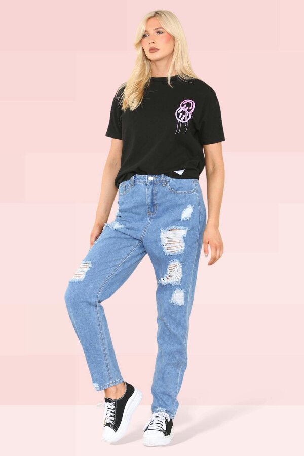Elaina Fashion Women's High Waisted Loose Ripped Frayed Straight Jeans