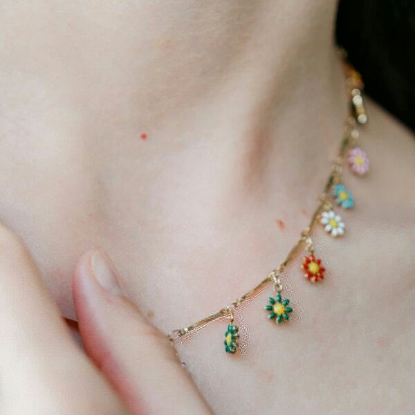 The Colourful Aura Colourful Rainbow Flower  Indie Boho Daisy Charms Dangle Choker Summer Necklace