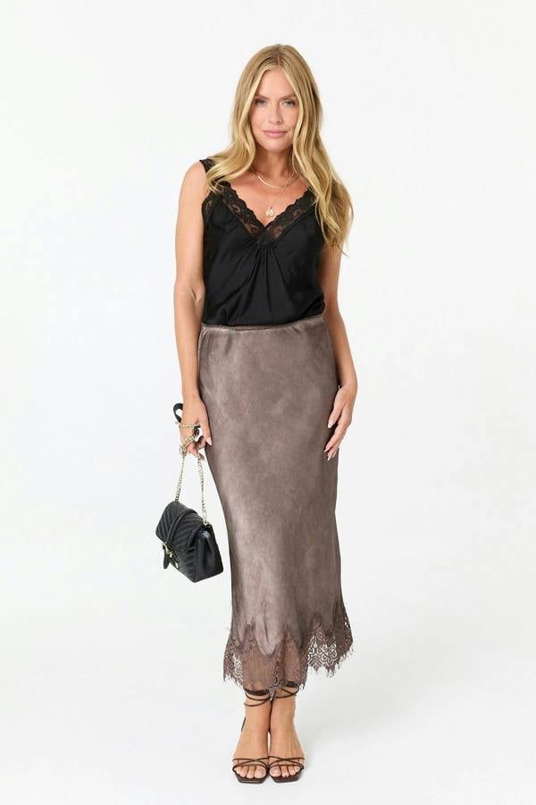 Brown | Lace Trim Satin Texture Midi Skirt
