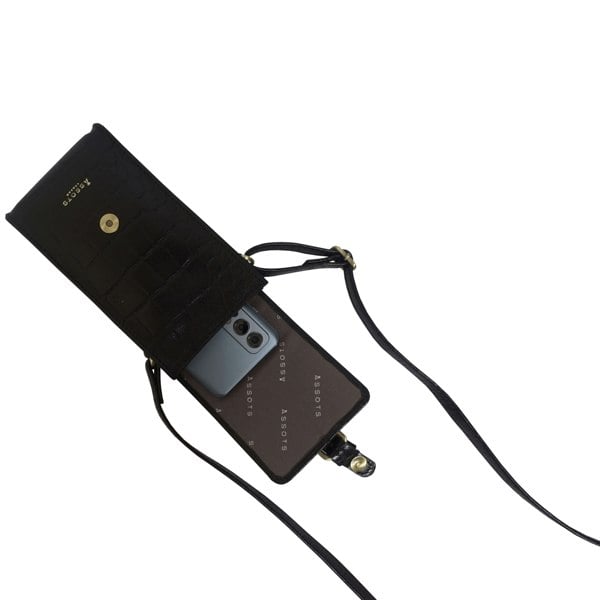 Assots London 'PETRA' Black Croc Real Leather Mobile Phone Crossbody Bag