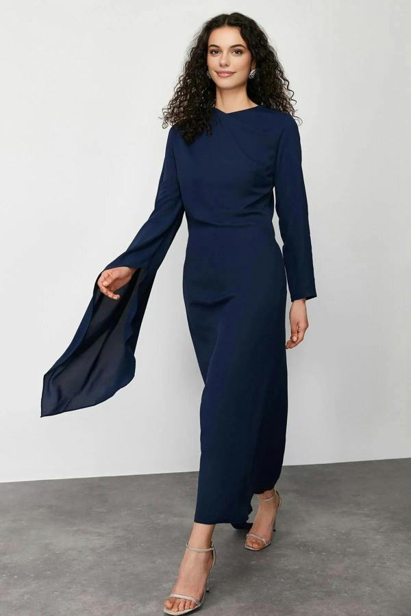 WOVCOR Draped Long Sleeve Maxi Dress with Asymmetric Detail