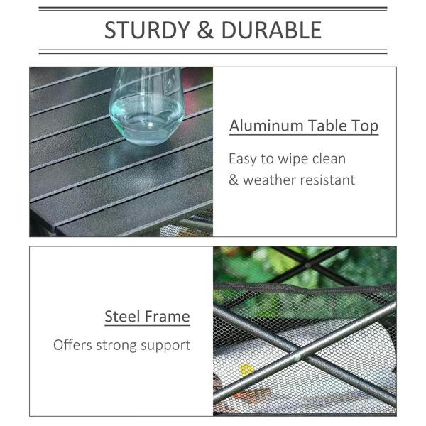 Black folding camping table features: aluminum tabletop top and steel frame support.