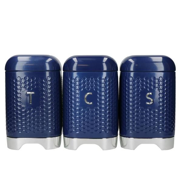 KitchenCraft Lovello Textured Tea, Coffee and Sugar Canisters in Gift Box, Steel - Midnight Navy