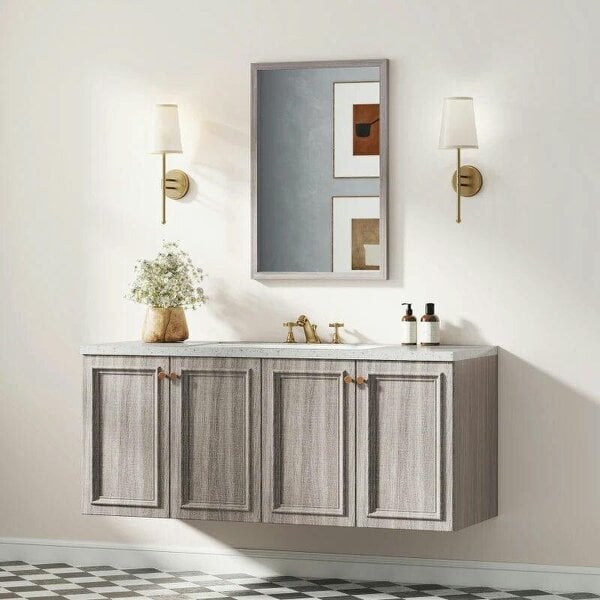 Bobobiy Wall Bathroom Mirror, 40 x 60 cm Wall-Mounted Mirror for Living Room, Bedroom, Hallway, Grey - Grey Wood Grain