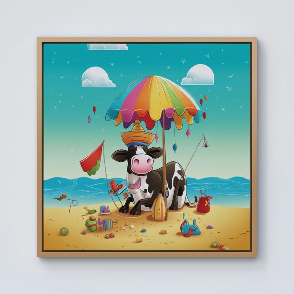 Warren Reed Cow On A Beach Holiday Framed Canvas