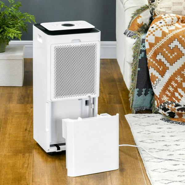 White portable dehumidifier with air purifier, water tank pulled out from the front