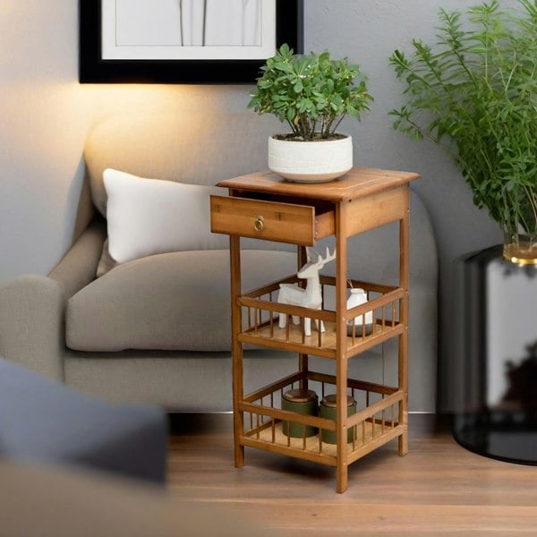 Rafaelo Mobilia 3 Tier Bamboo Tall Side Table With Drawer