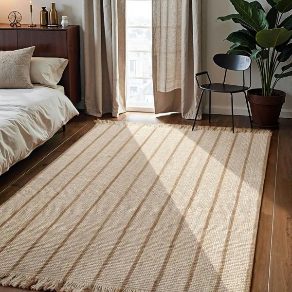 Textured beige rug with vertical stripes on a white background