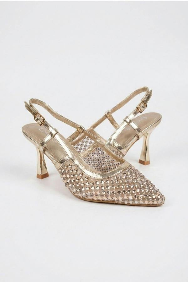Constance Crystal Embellished Pointed Toe Heels - Gold