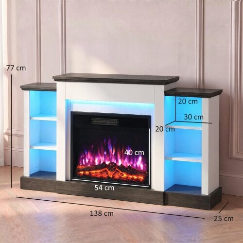 HOMCOM Electric Fireplace TV Stand 138cm, LED Strips, 12 Flame/Ember Colour