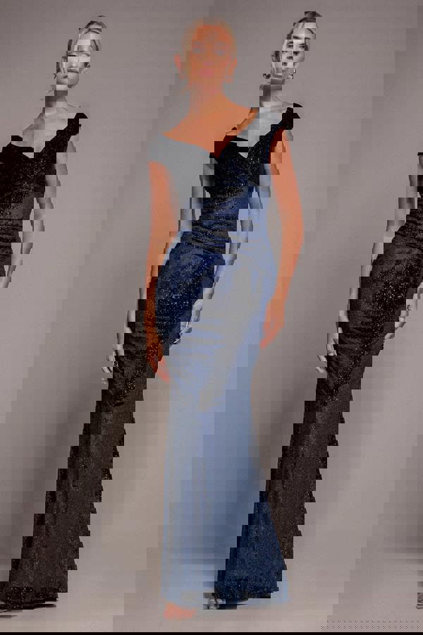 Shimmer Velvet Bardot Maxi Dress - Navy DR4643