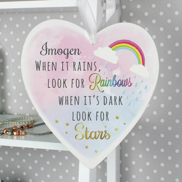 Personalised Memento Company Personalised Rainbows and Stars Large Wooden Heart Decoration