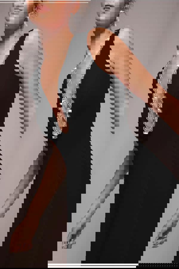 Diamante Embellished Neck A-Line Midi Dress - Black DR4599