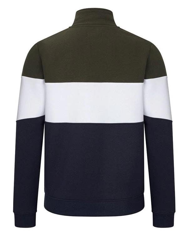 Hoggs of Fife Dumfries 1888 Men's Pull Over Quarter Zip Sweat Shirt, front view of the cadet collar sweatshirt with color-block design in dark green, white, navy blue.