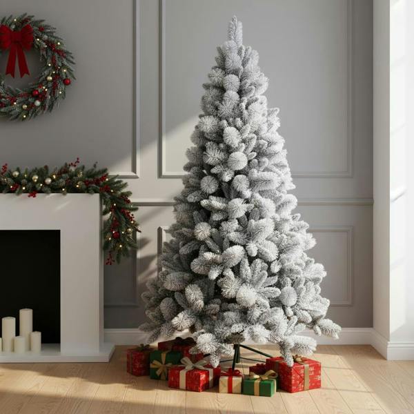 4FT to 8FT Snow Covered Helsinki Fir Artificial Christmas Trees with Hinged Design and Metal Base image 9