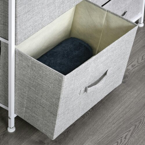 Wyld Haus Vepapa White Metal And Grey Fabric 5 Drawer Linen Basket Storage Unit With Natural Wooden Top Shelf