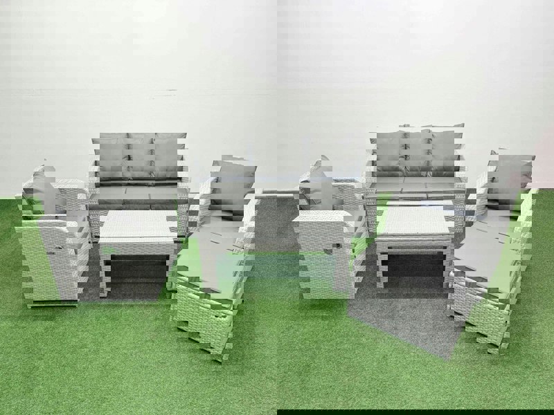 Fimous PE Rattan Garden Furniture Set Reclining Chair Sofa Lounge Sofa Set Rectangular Coffee Table Big Footstool Light Grey