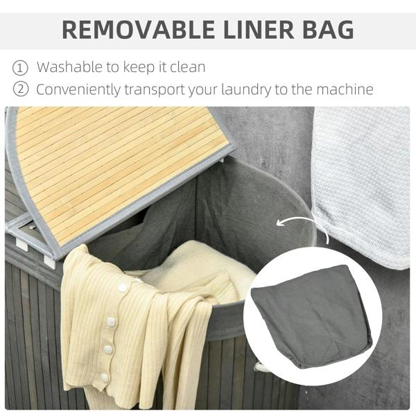 Grey bamboo laundry basket with removable washable liner bag, open interior