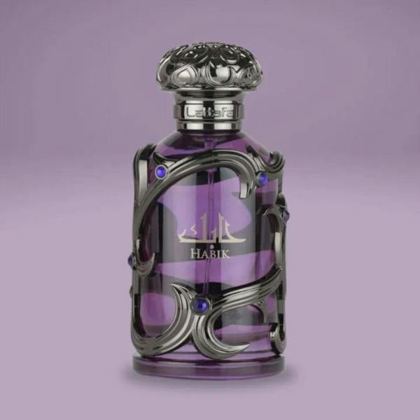Lattafa Habik for Men Eau de Parfum 100ml bottle on purple background