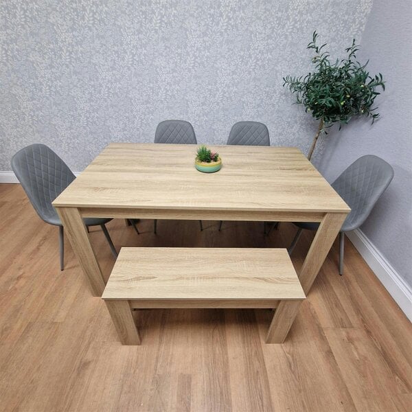 Kosy Koala Oak Effect Dining Table Set With 4 Grey Gem Pattern Chairs And Bench Dining Room Furniture