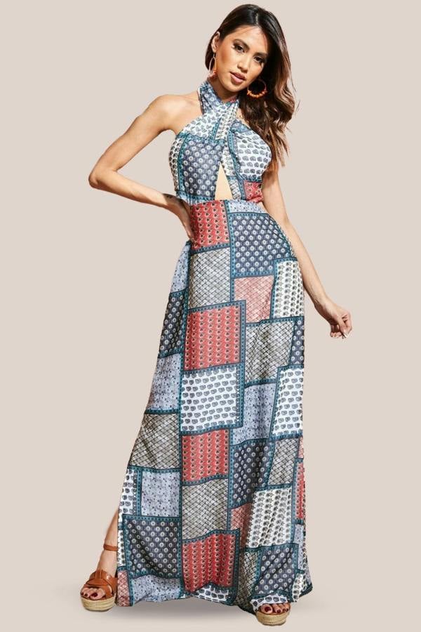 Halter Neck Printed Maxi Dress - Blue DR3504